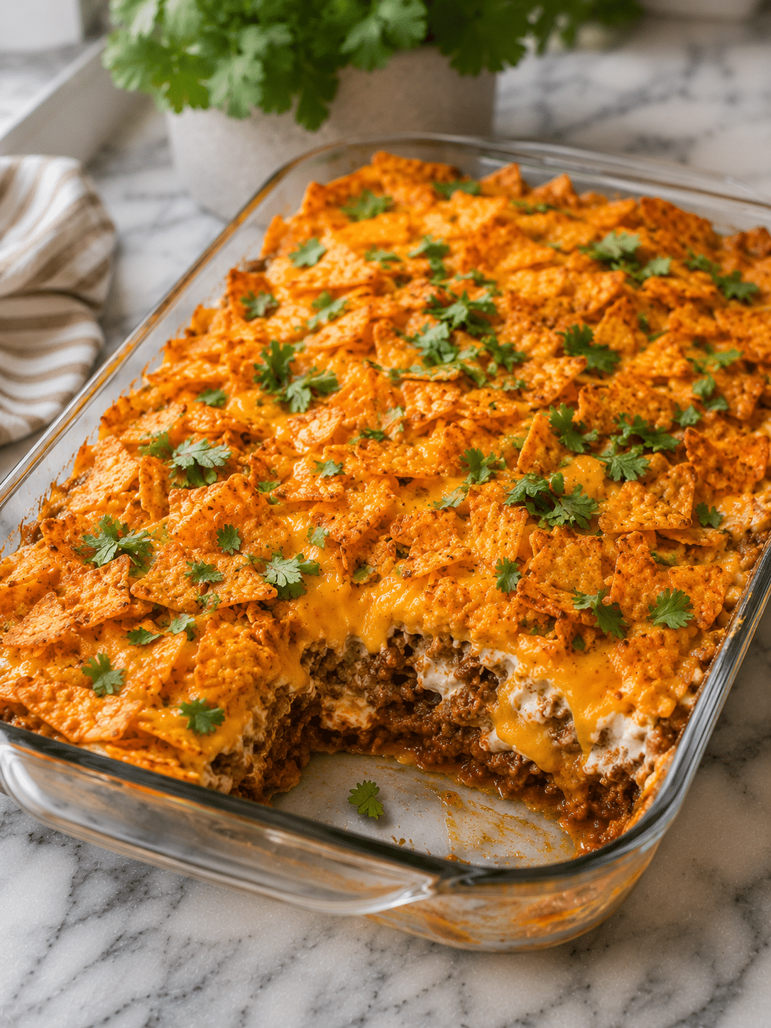 Doritos casserole recipe with ground beef and melted cheddar cheese