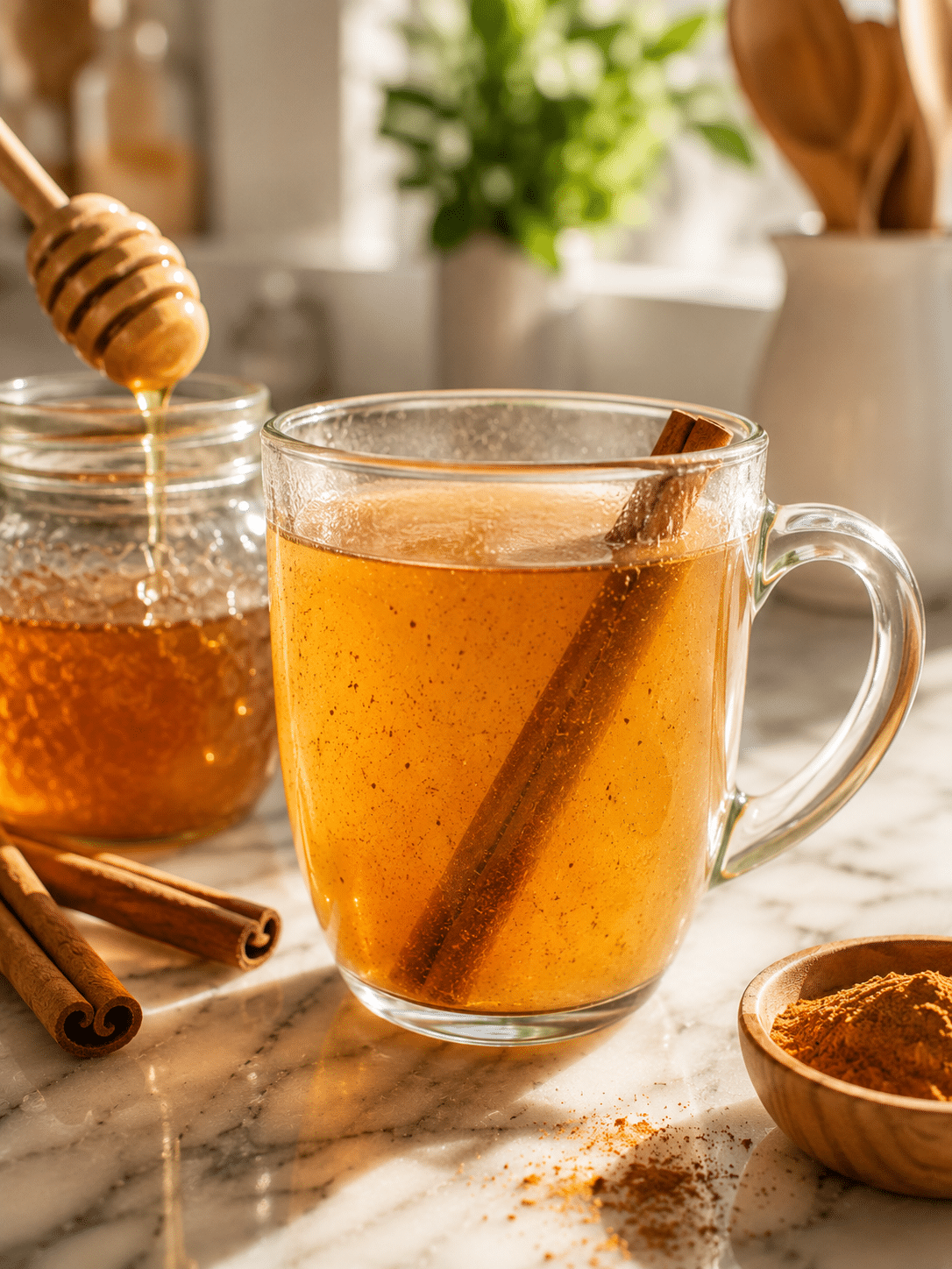 Honey and cinnamon for memory drink served warm in a rustic mug