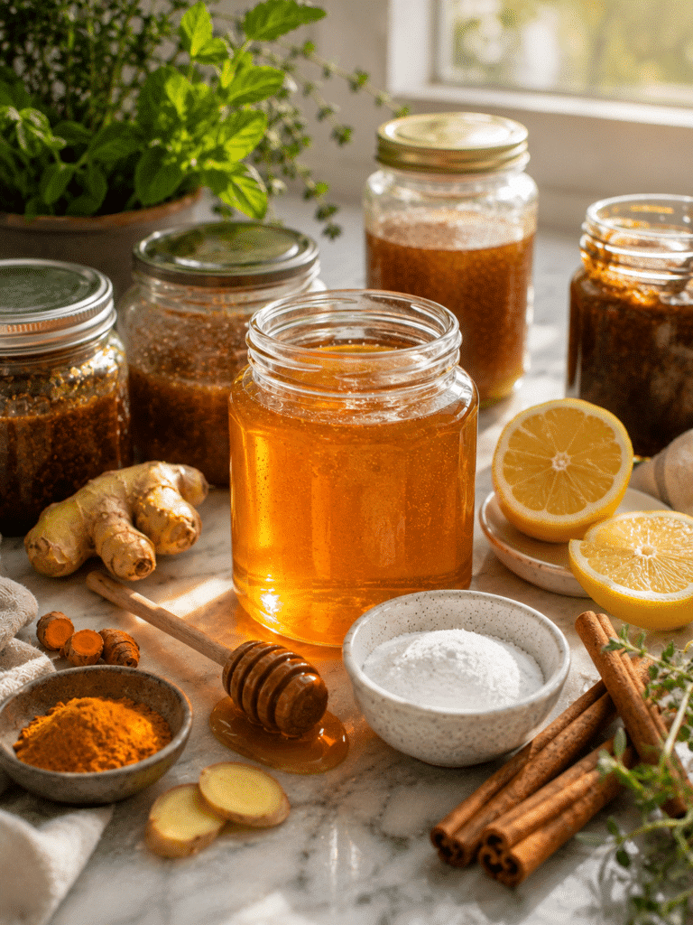 Traditional honey recipes with homemade honey blends, cinnamon, ginger, lemon, and raw honey
