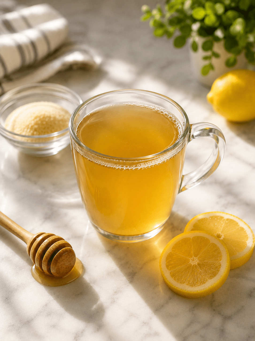 Horse gelatin trick recipe made with honey, lemon, and gelatin in a glass mug