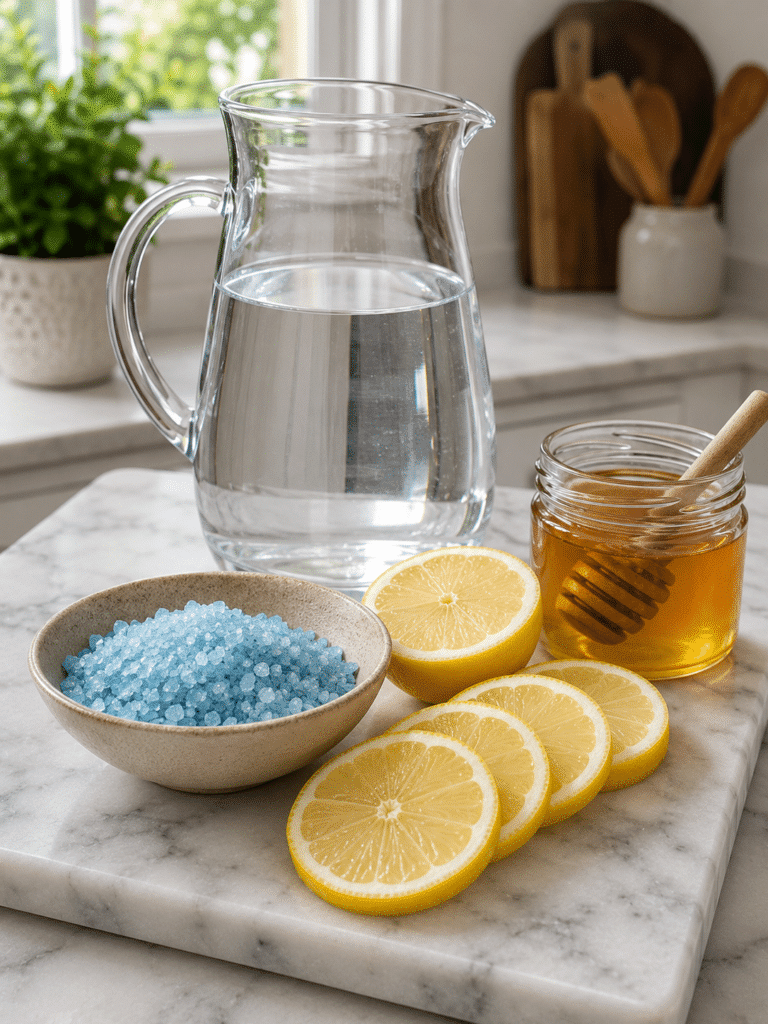 Horse salt trick recipe ingredients including blue salt, honey, lemon, and water