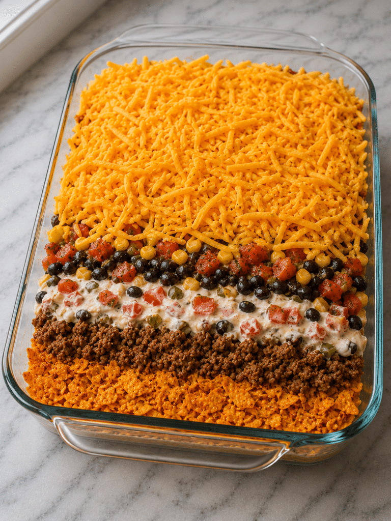 Layering a Doritos casserole recipe before baking