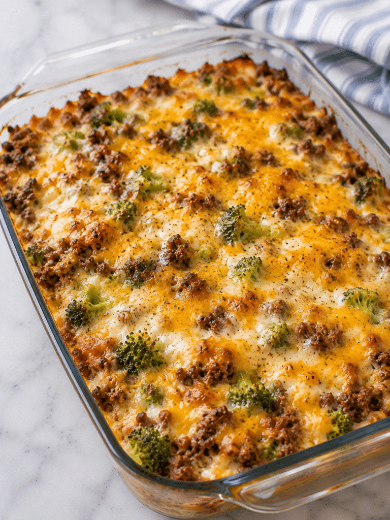Low carb casserole recipe baked with cheese, broccoli, and ground beef