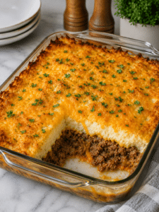 Meatloaf casserole recipe with mashed potatoes and melted cheddar cheese
