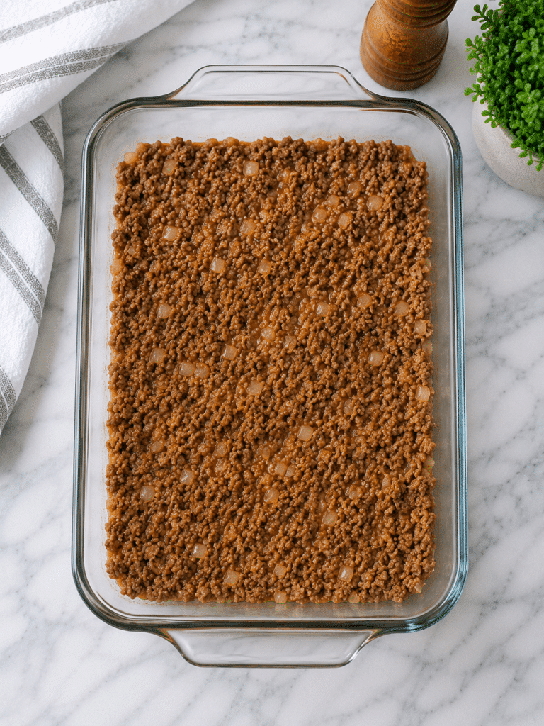 Preparing meatloaf casserole recipe meat layer