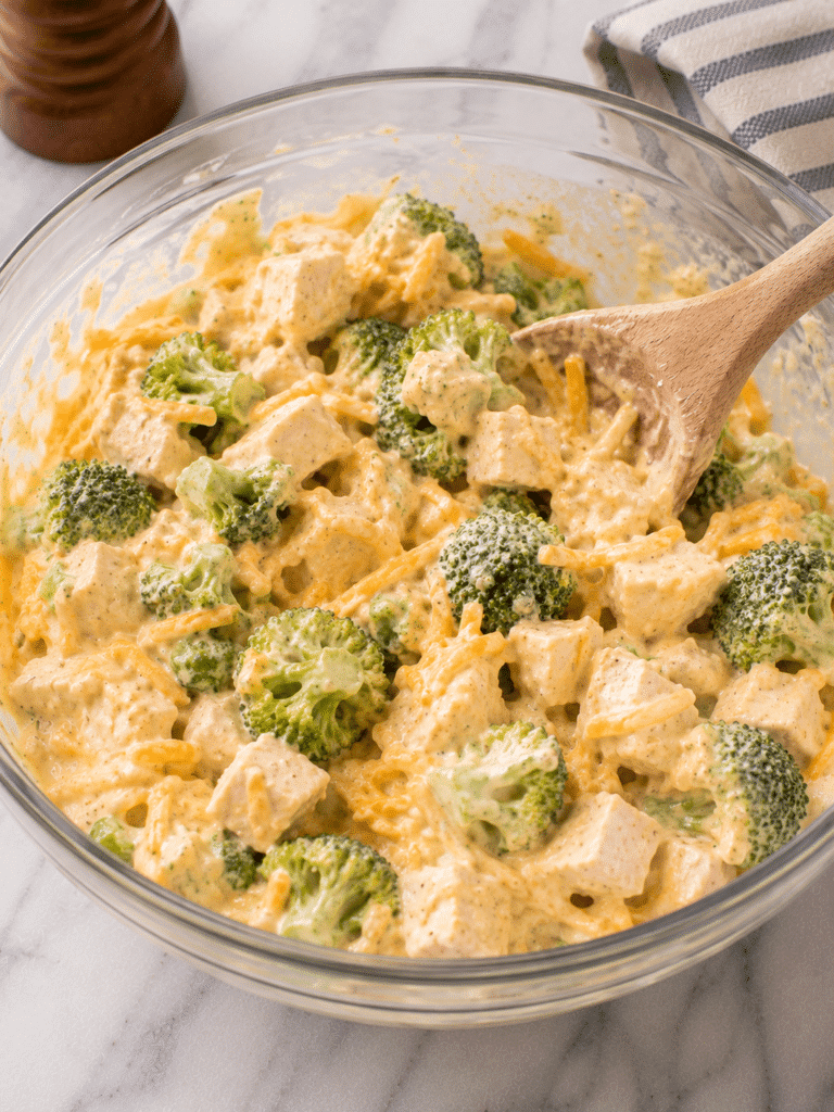Mixing ingredients for chicken broccoli casserole recipe