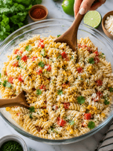 Mixing Street Corn Pasta Salad with creamy lime dressing