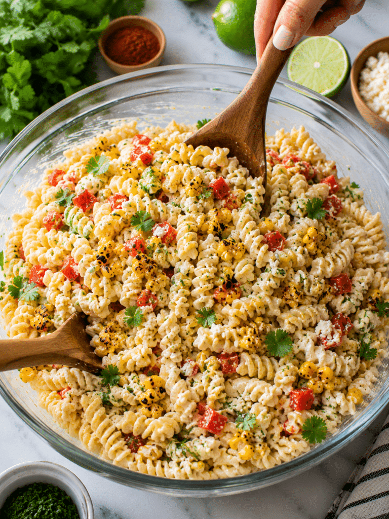 Mixing Street Corn Pasta Salad with creamy lime dressing
