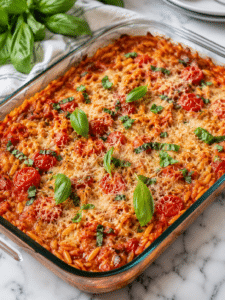 One pan tomato basil baked orzo fresh from the oven