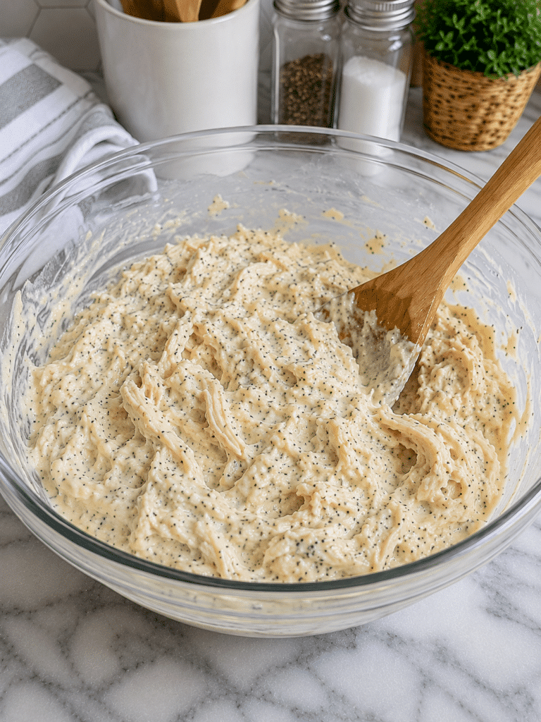 Mixing poppy seed chicken casserole filling