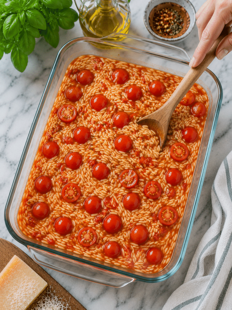 Preparing one pan tomato basil baked orzo