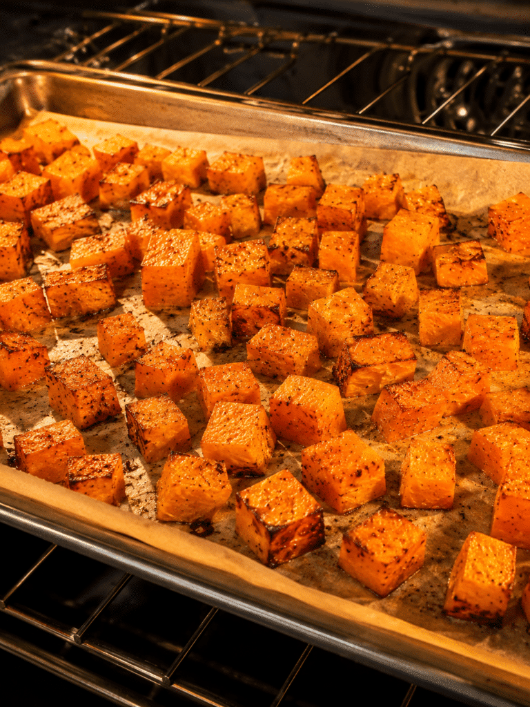 Sweet potato cubes roasting on a baking sheet for kale salad