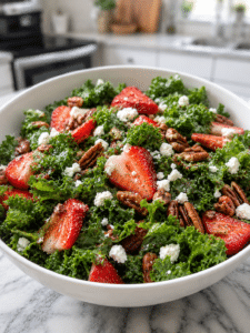 Strawberry kale salad recipe with fresh strawberries, kale, goat cheese, and pecans