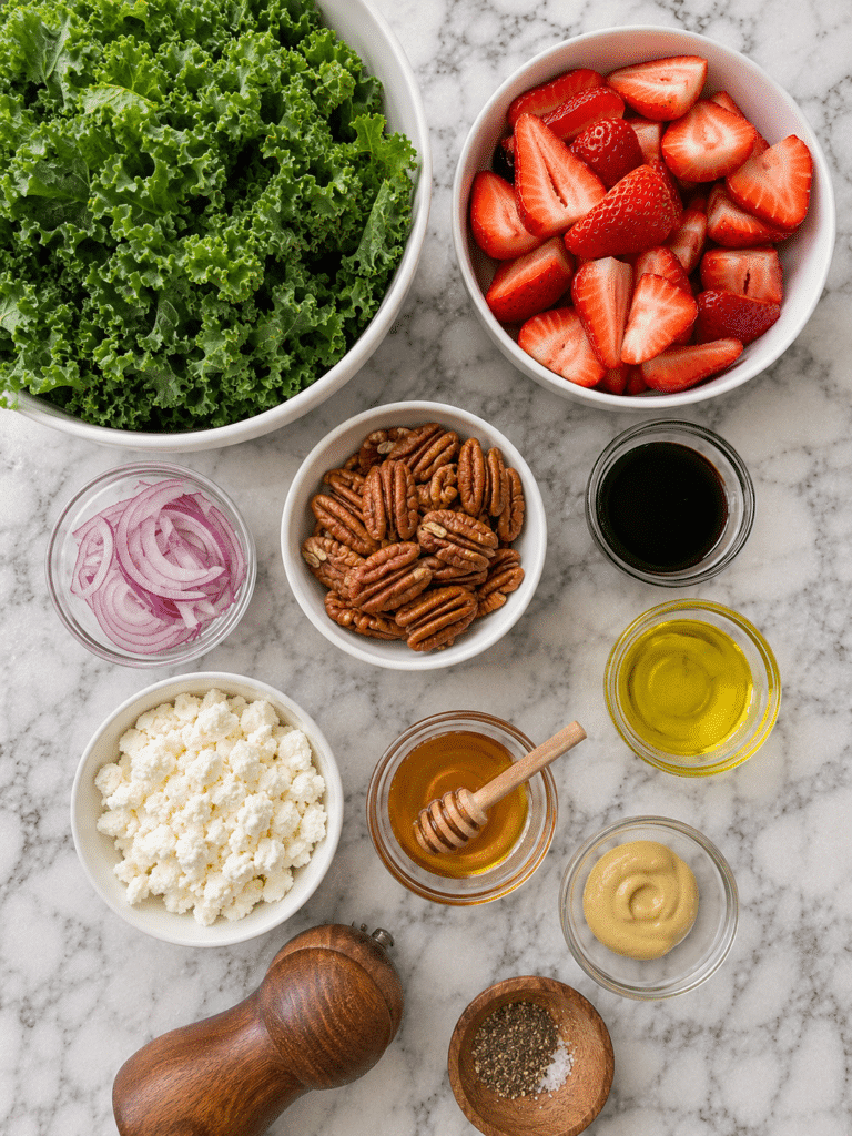 Ingredients for strawberry kale salad recipe arranged before preparation