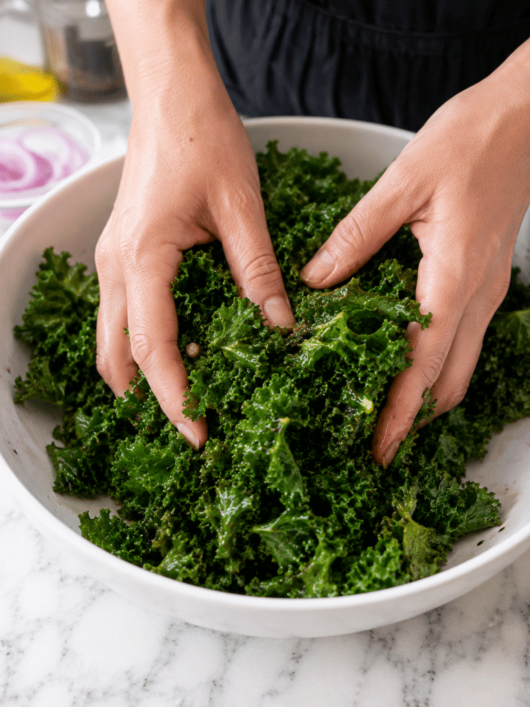 Massaging kale for strawberry kale salad recipe before assembling