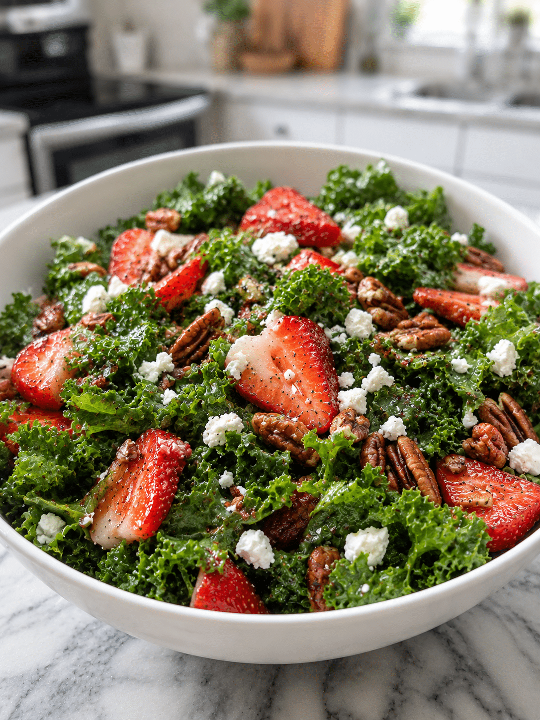 Strawberry kale salad recipe with fresh strawberries, kale, goat cheese, and pecans