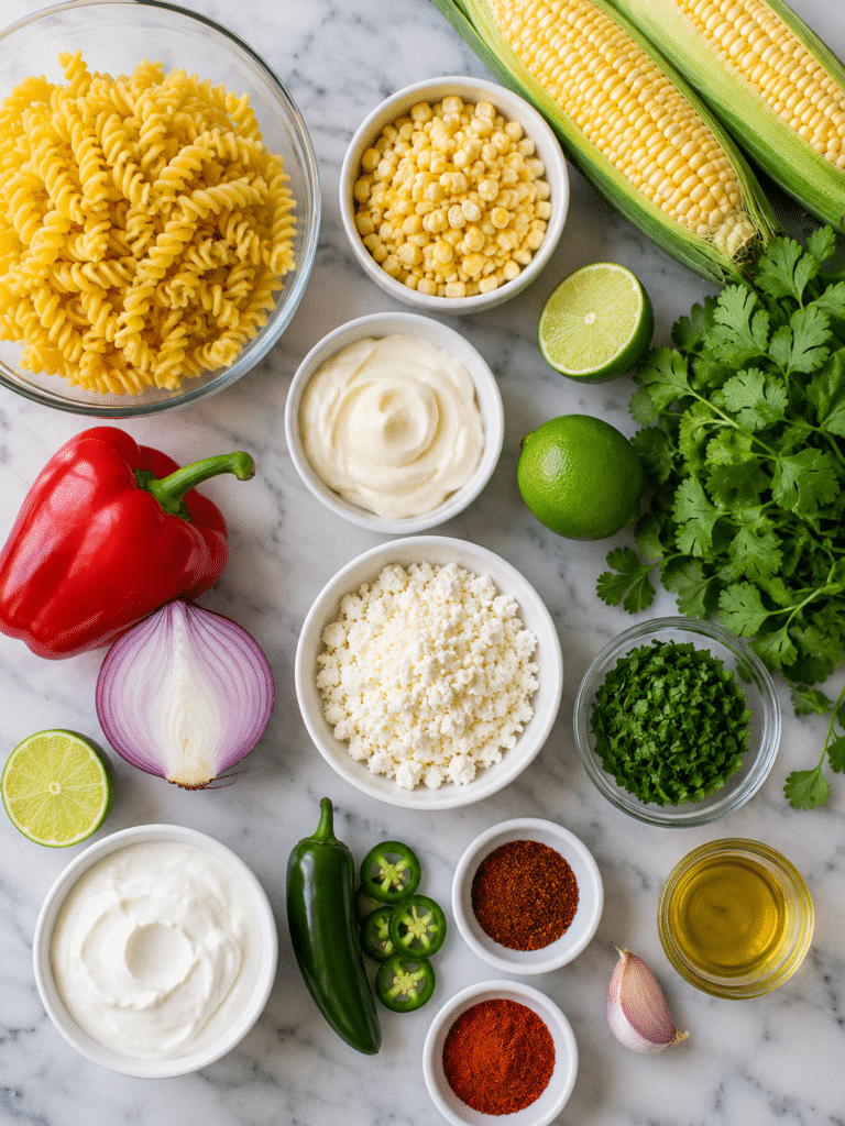 Ingredients for making Street Corn Pasta Salad including corn, pasta, cotija cheese, lime, and cilantro