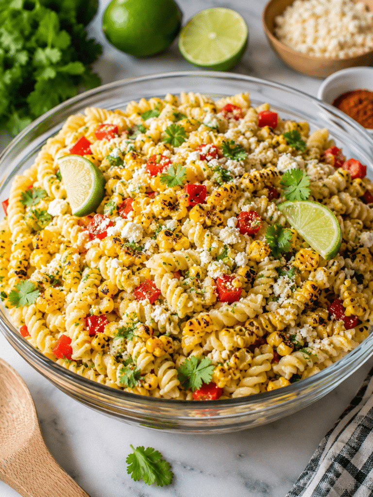 Street Corn Pasta Salad with charred corn, cotija cheese, cilantro, and creamy lime dressing