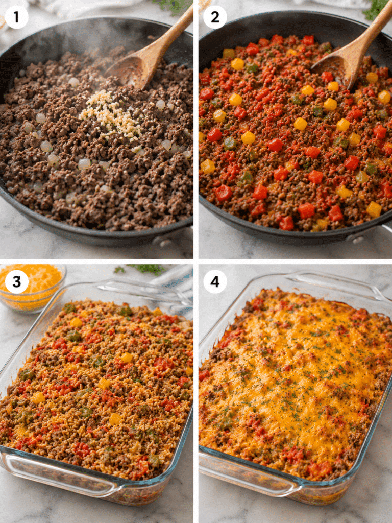 Cooking ground beef and peppers for stuffed pepper casserole recipe