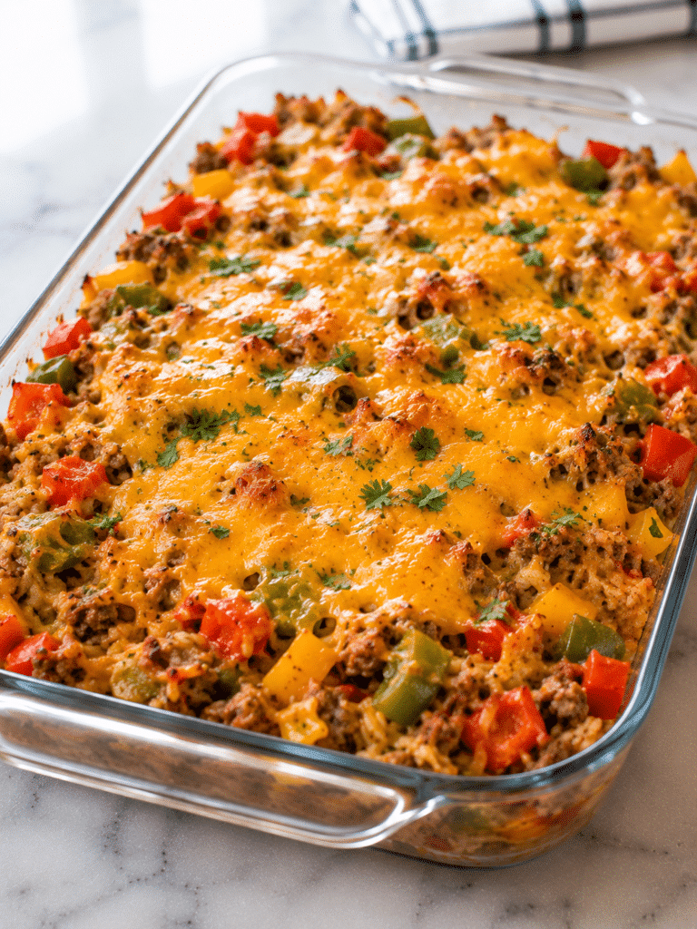 Stuffed pepper casserole recipe with ground beef rice and melted cheese