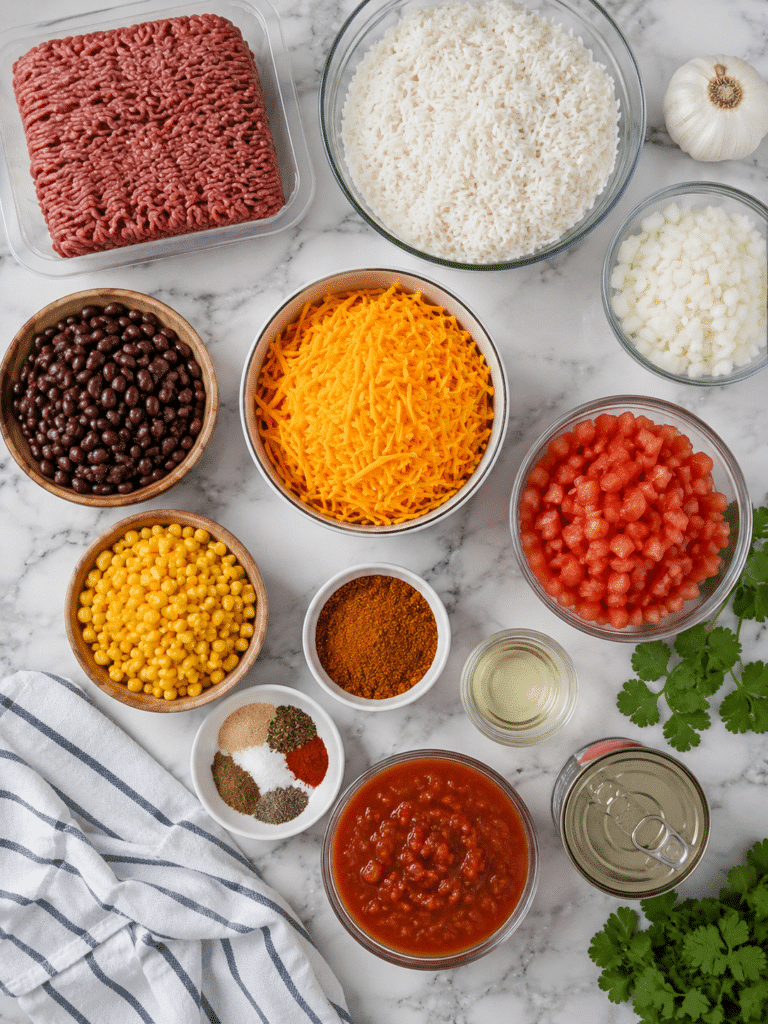 Taco rice casserole ingredients prepared for cooking