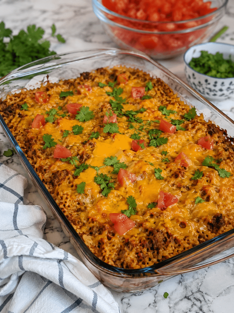 Taco rice casserole recipe fresh from the oven with melted cheese