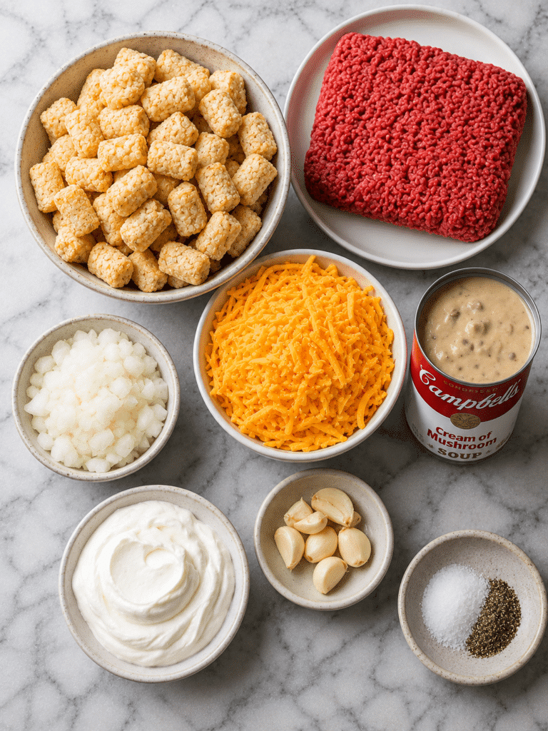 Tater tot casserole ingredients arranged for preparation