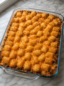 Tater tot casserole recipe with crispy golden tater tots and melted cheddar cheese