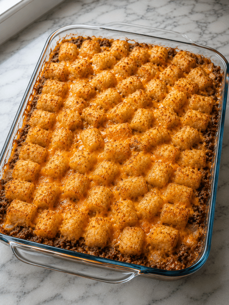 Tater tot casserole recipe with crispy golden tater tots and melted cheddar cheese