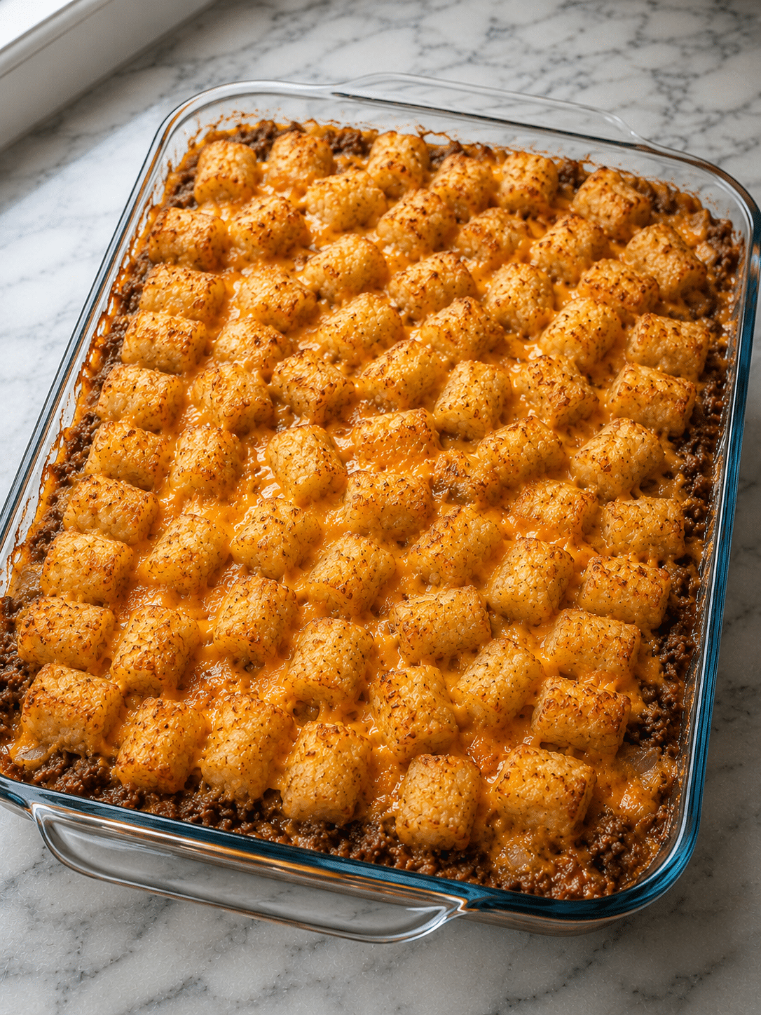 Tater tot casserole recipe with crispy golden tater tots and melted cheddar cheese