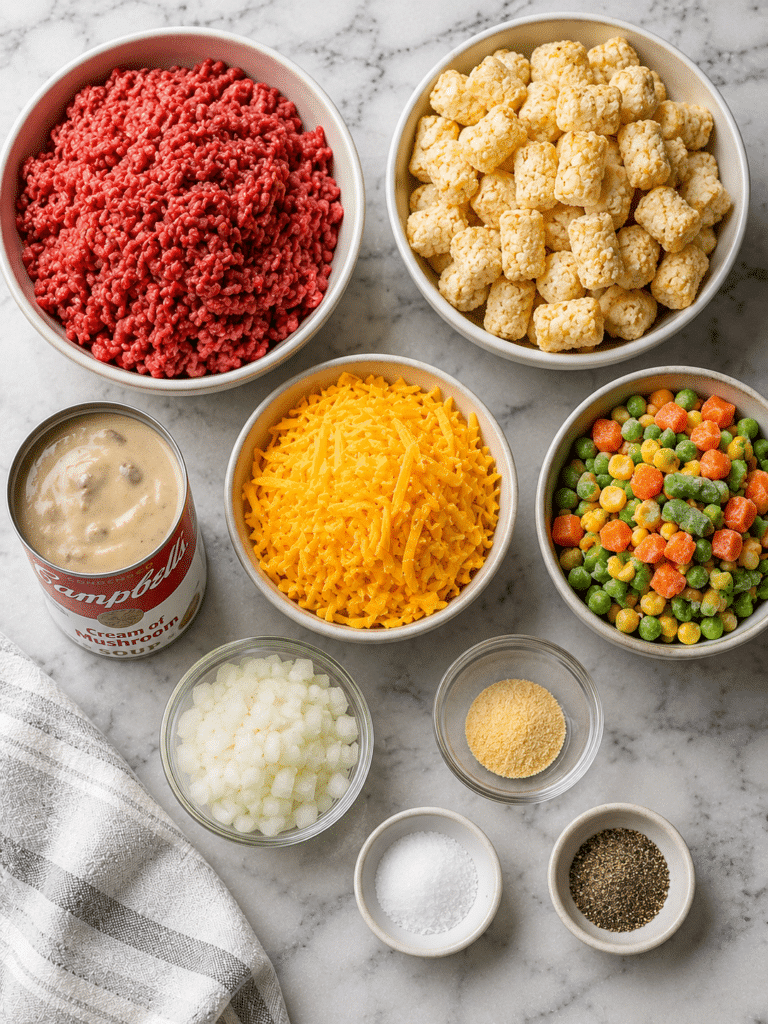 Tater tot ground beef casserole ingredients arranged on a kitchen counter