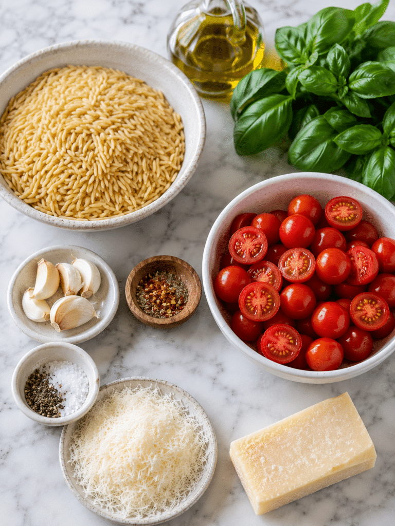 Ingredients for one pan tomato basil baked orzo recipe