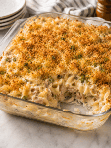 Tuna noodle casserole recipe baked until golden brown and bubbly