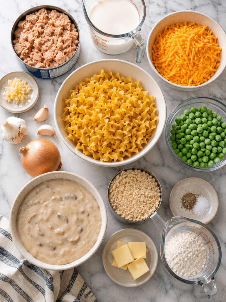 Ingredients used for tuna noodle casserole recipe