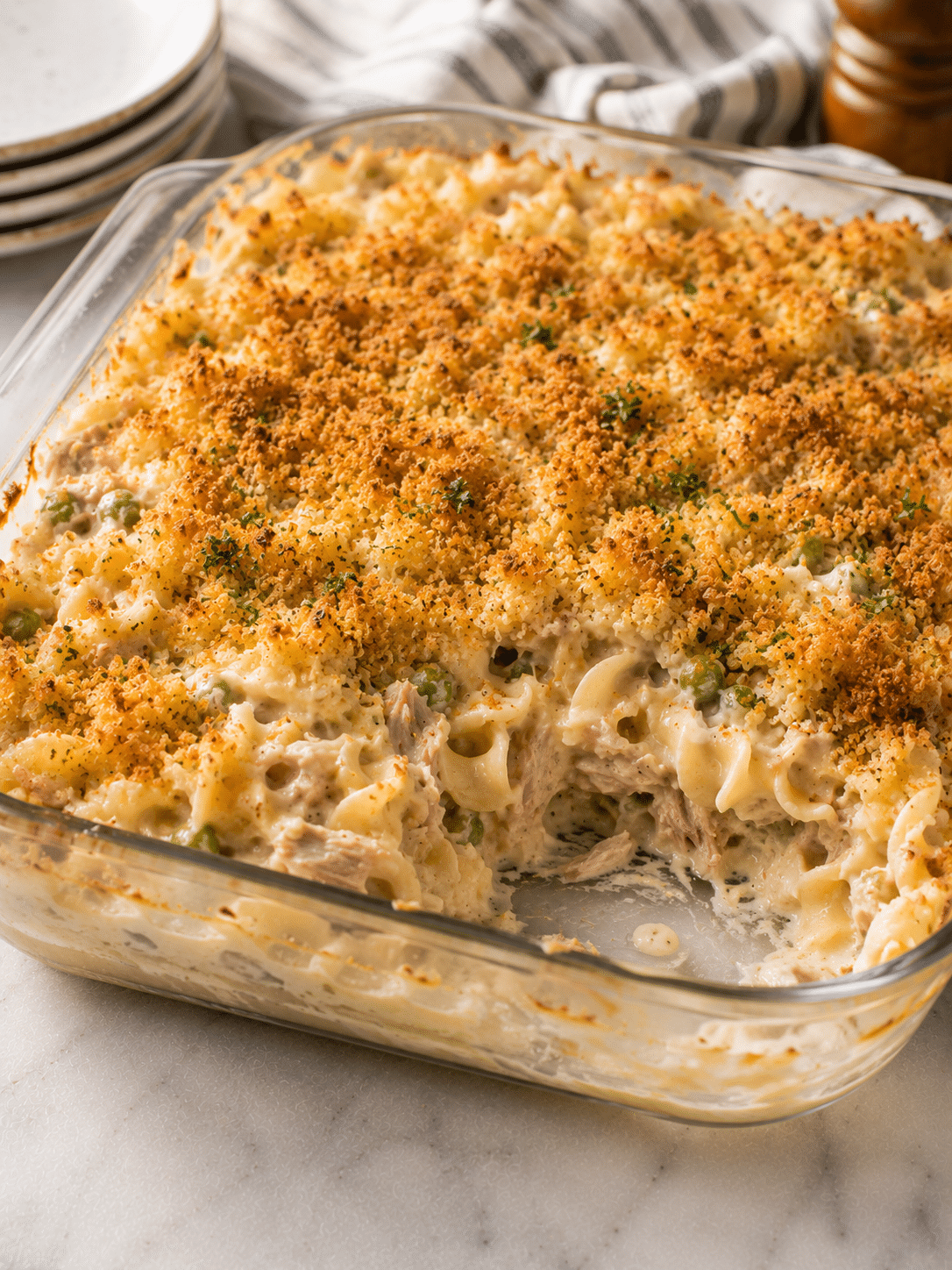 Tuna noodle casserole recipe baked until golden brown and bubbly