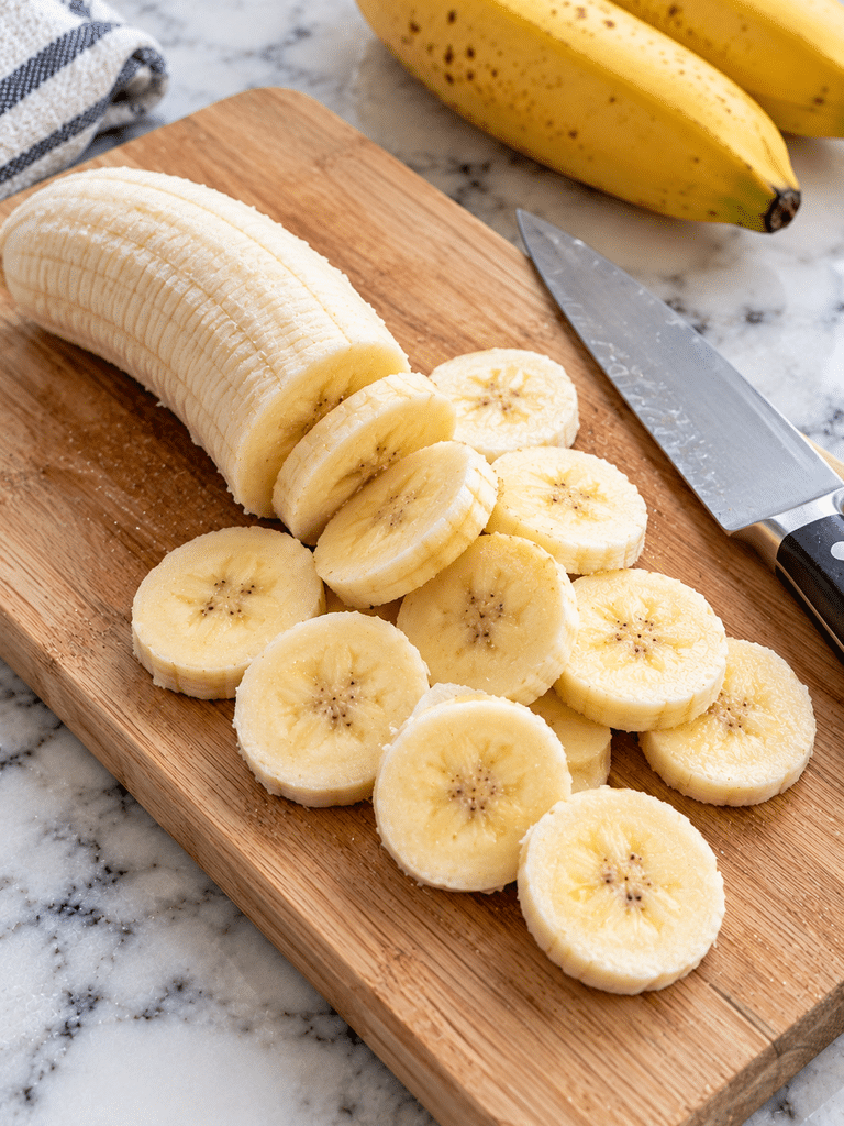 Firm banana cut into even ⅛-inch rounds for homemade banana chips.