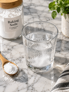 Horse soda trick with baking soda in a clear glass with lemon and baking soda
