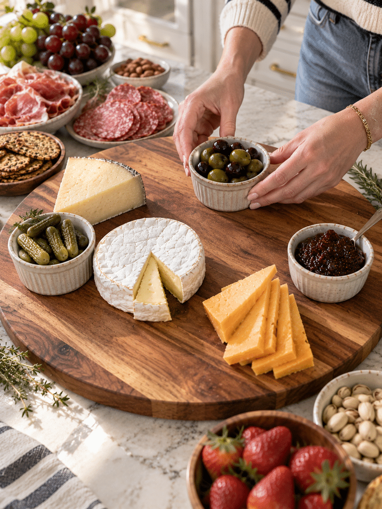 How to make a charcuterie board by placing cheeses and small bowls first
