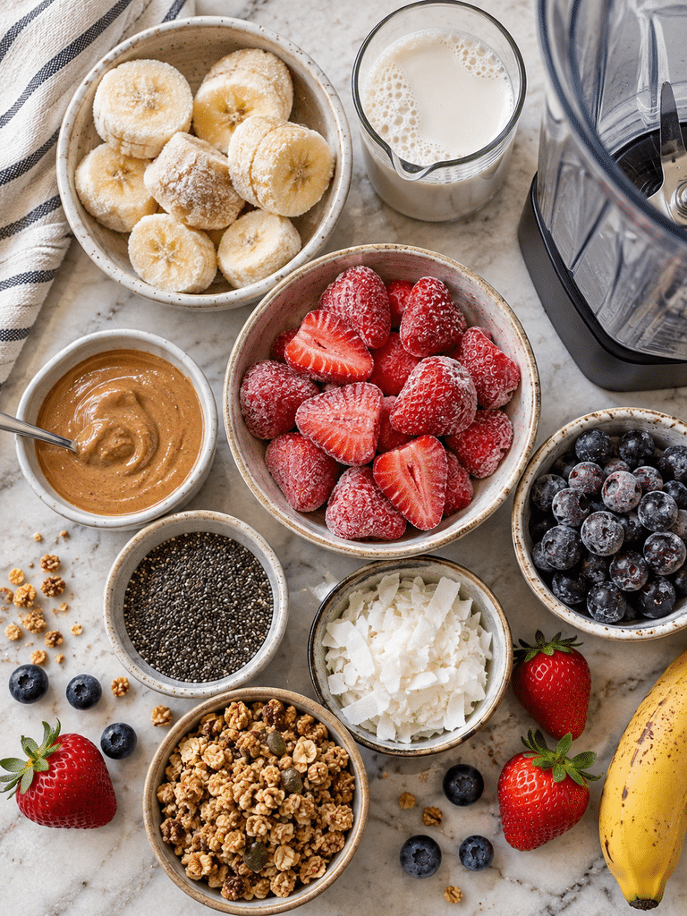 How to Make a Smoothie Bowl: Easy, Thick & Creamy Recipe How to make a smoothie bowl ingredients with frozen fruit, milk, granola, and seeds