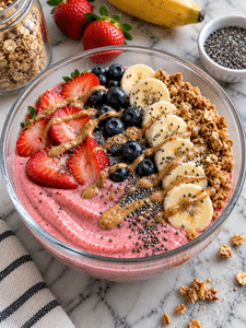 How to make a smoothie bowl with frozen berries, banana, granola, and fresh fruit