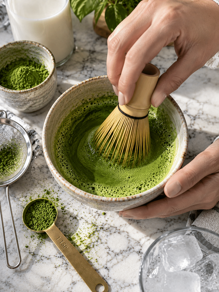How to make iced matcha latte by whisking matcha until smooth and frothy