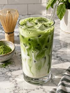 How to make iced matcha latte with creamy milk, matcha, and ice