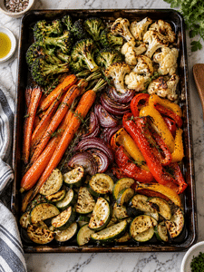 How to make roasted vegetables with golden brown broccoli, carrots, peppers, zucchini, and onions
