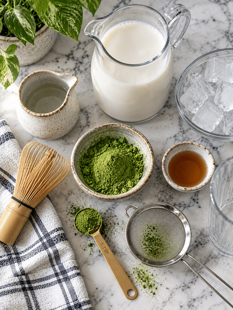 Ingredients for how to make iced matcha latte with matcha powder, milk, water, and ice