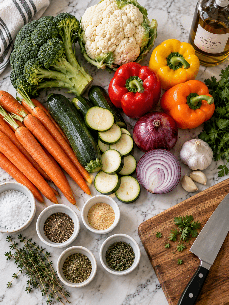 Ingredients for how to make roasted vegetables with olive oil, herbs, and fresh vegetables