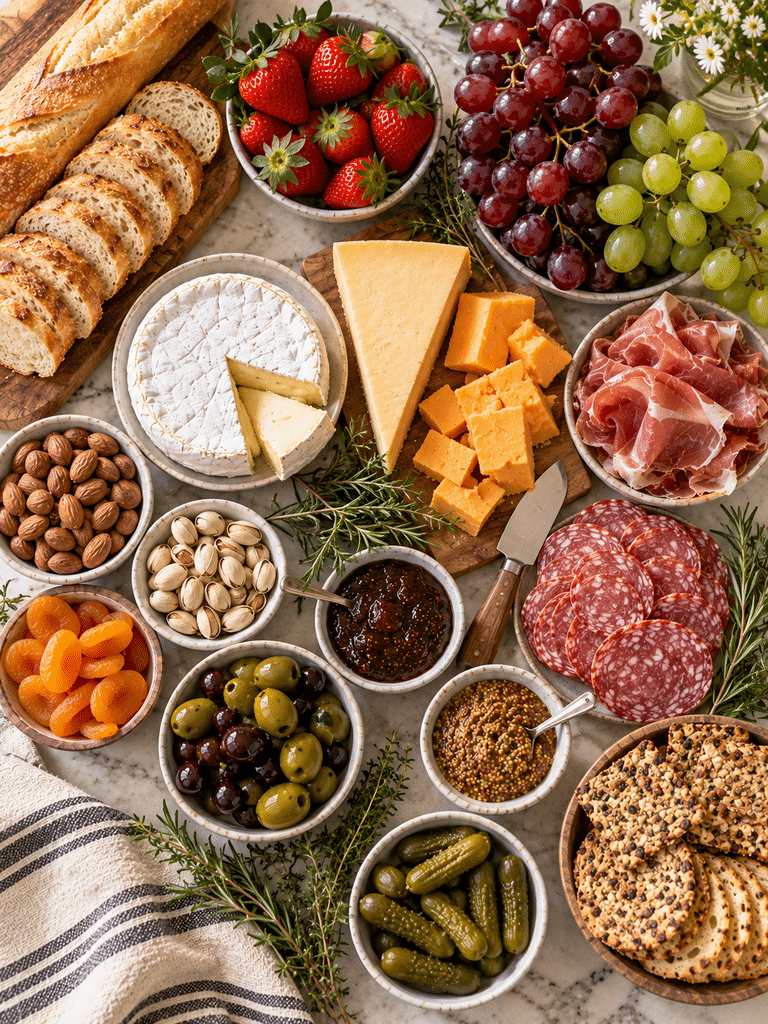 How to make a charcuterie board with meats, cheeses, fruit, crackers, nuts, and spreads