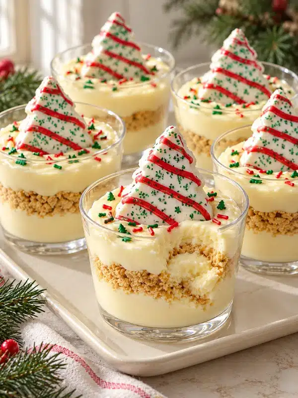 Christmas Tree Cake Dirt Cups: Easy No-Bake Holiday Treats Christmas Tree Cake Dirt Cups on a holiday tray, ready to serve.
