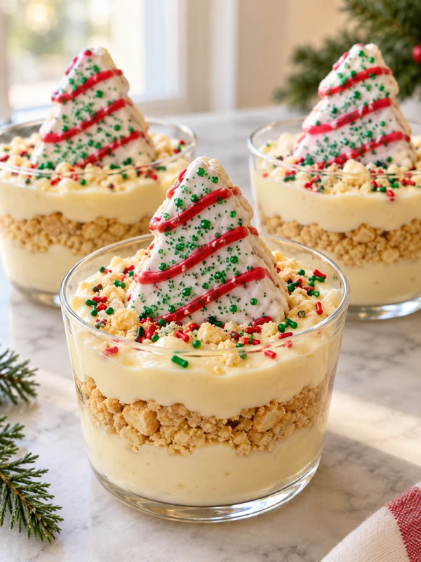 Christmas Tree Cake Dirt Cups with vanilla pudding, Golden Oreo crumbs, and festive cake toppers.